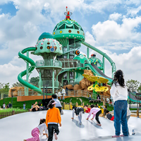 Aire de jeux extérieure sur mesure sur le thème des parcs d'attractions, grands toboggans pour enfants, tours de grimpe et filets d'escalade, adaptées aux parcs et aux stations balnéaires