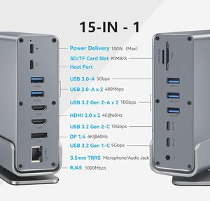 Station d'accueil USB-C 15 en 1 en alliage d'aluminium, <span class=keywords><strong>adaptateur</strong></span> multiport, double sortie 4K / 7 ports USB, 100W PD, audio, SD, TF, en stock - Product Image 1