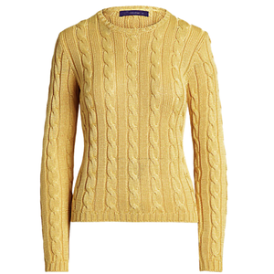 Golden Yellow <b>Cable</b> <b>Knit</b> Round Neck Casual Women's <b>Sweater</b> with Front Logo - Product Image 1