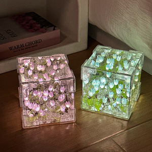 Lámpara de Noche de Tulipanes, <span class=keywords><strong>Cubo</strong></span> de <span class=keywords><strong>Rubik</strong></span>, Materiales Hechos a Mano, Rosas para Novias, Regalos de Cumpleaños y San Valentín, Lámparas de Mesa con Flores de Tulipanes LED - Product Image 6