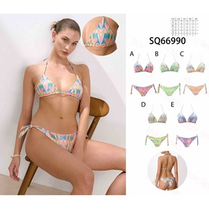 Set Bikini HDJ con Stampa Colorata a Zigzag, Top Halter e Slip con Laccetti Laterali, Taglie 42 44 46 48, Costume da Bagno Donna - Product Image 1