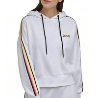 Sudadera Corta Blanca para Mujer con Rayas Multicolores, Manga Larga, Hombros Caídos, Cuello Acanalado, Logotipo Bordado Personalizado