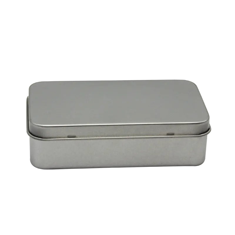 Caixa de armazenamento de metal lisa prateada com dobradiças para venda de fábrica, material reciclado, caixa de lata com dobradiças