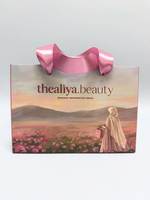 Sac cadeau en papier imprimé sur mesure avec ruban en satin rose, poignée à œillets métalliques, emballage de luxe pour hijab, produits de beauté et soins de la peau, sac fourre-tout pour boutique