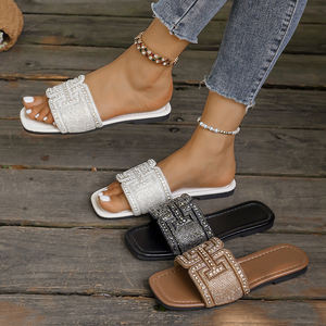 <span class=keywords><strong>Sandalias</strong></span> de Playa Casuales con Pedrería y Punta Cuadrada, Estilo Moderno para Mujer, <span class=keywords><strong>Sandalias</strong></span> Planas de Verano con Punta Redonda - Product Image 6