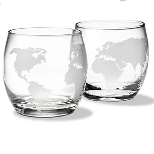 Borosilicate Glass Handmade Frosted Earth Map Printing Single Wall Whiskey Glass Red Wine Glass Cup