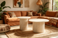 Ensemble de tables basses gigognes rondes, plateau en MDF avec autocollant travertin jaune, base cylindrique cannelée, tables d'appoint modernes pour salon