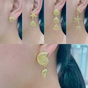 Pendientes de Verano con Diseño Oceánico de Acero Inoxidable, Chapados en Oro de 18K, con Espiral, Concha y Estrella de Mar, Pendientes de Botón con Flor de Circonita Cúbica y <span class=keywords><strong>Aros</strong></span> Huggie, Venta al por Mayor - Product Image 4