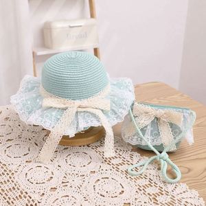 New Children's Straw Hat Girls Summer Large Brim Lace Edge Straw Ribbon Bow <b>Sun</b> Hat and Bag Set - Product Image 6