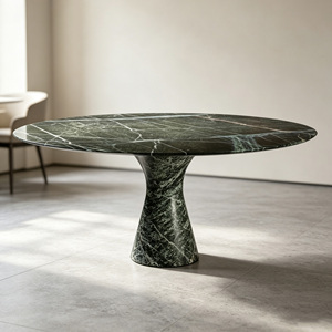 <span class=keywords><strong>Table</strong></span> à manger en marbre vert foncé Moody, piétement cintré unique, plateau rond allongé, veines naturelles, <span class=keywords><strong>table</strong></span> à manger contemporaine - Product Image 5