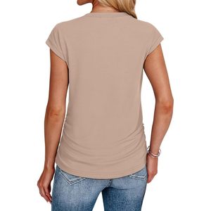 FOXA Camiseta de manga corta fruncida para mujer, cuello redondo, tejida, manga corta, longitud regular, moda de verano - Product Image 5