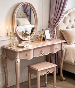 Luxury European Carved Solid Wood <b>Vanity</b> Set with Oval Mirror , Storage Champagne <b>Makeup</b> Desk for Bedroom Dressing Table - Product Image 1