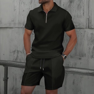 Ensemble décontracté homme col montant zippé, couleur unie, manches courtes et short – Prix de gros - Product Image 3