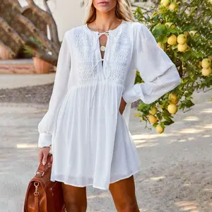 Manufacturer High Quality Lace Embroidery Cotton Mini Midi White Dress Custom Logo Printed Long Sleeve Casual Dress For Women