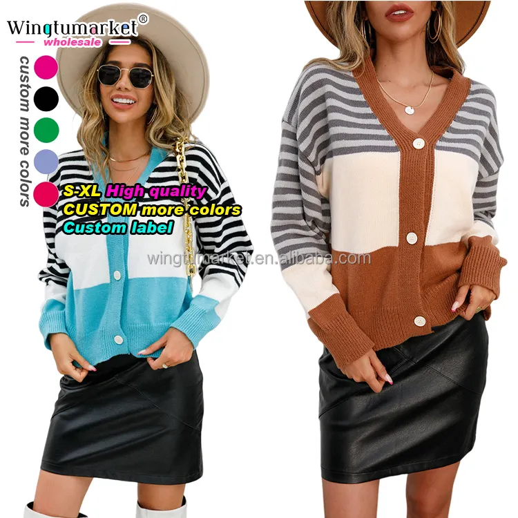 Custom long sleeve knitwear sweaters knit multicolor color block short cardigans stripe cardigan sweater women