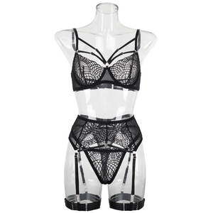 Conjunto de lencería erótica transparente de 4 piezas con liguero delicado, sujetador push-up 3D transpirable sin costuras y encaje lavado. - Product Image 6