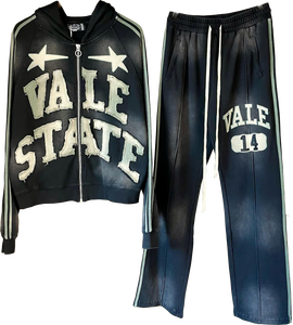 Kustom matahari pudar dicuci katun berat pakaian pria ukuran besar kotak cocok robek bordir tambalan celana olahraga dan Set Hoodie - Product Image 1