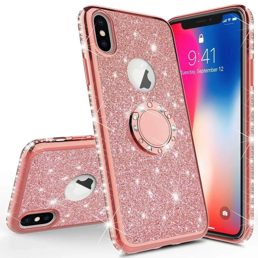 Diamond phone Case for iPhone 11 Pro Max XS Max XR X Cover Crystal Glitter Bling Ring Kickstand For iPhone 12 7 8 Bumper Case