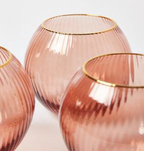 ゴールドリム付き500mlリブ付きピンク色バルーンステムレストニックバルーンジングラス卸売 - Product Image 3