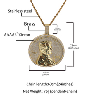 Pendentif Médaillon Abraham Lincoln Glacé avec Zircon 5A, Chaîne à Maillons Unisexe en Argent, Tendance, Meilleure Vente, Promotion, Pendentif Hip Hop Bling