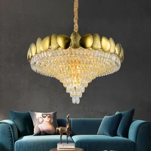 現代的な大きな装飾的なゴールドの豪華な照明器具K9クリスタルペンダントライトスチールシャンデリアゴールドシェルドロップライト