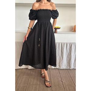 Robe élégante noire à épaules dénudées, taille élastique, coupe trapèze, dos nu, tissée, respirante, pour le quotidien et les occasions décontractées - Product Image 2