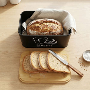 Caja de Pan Negra con Tapa de Bambú, Tabla de Cortar y Cuchillo Dentado, Contenedor de Pan Metálico para la Encimera de la Cocina, Pequeño Contenedor para Guardar Pan - Product Image 3