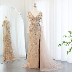 Abito da Sera a Sirena <span class=keywords><strong>Verde</strong></span> Turchese a Maniche Lunghe <span class=keywords><strong>con</strong></span> Sopragonna e <span class=keywords><strong>Spacco</strong></span> Alto Abito da Donna di Lusso per Matrimoni e Feste - Product Image 6