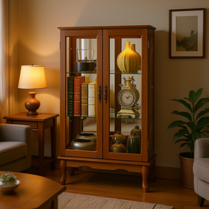 Vitrina de Madera Maciza de Roble con Estantes Ajustables, Puertas de Vidrio Templado con Espejo, Estilo Antiguo, Muebles para el Hogar - Product Image 2