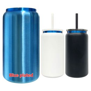Custom logo Blue Plated Underneath Powder Coated <b>Metal</b> Stainless Steel 16oz Soda Can Cup for Laser Engrave - Product Image 1