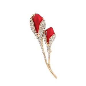 Broche de flor de tulipán con diamantes de imitación rojos para mujer, elegante broche de boda, aleación de zinc, microincrustaciones, decoración de cristal completo - Product Image 5