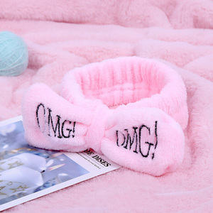 Wholesales Girls Cute <strong>Face</strong> <strong>Washing</strong> Plush Hairband OMG Letters Bow Coral Fleece <strong>Headband</strong> - Product Image 4
