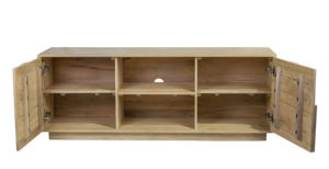 Meuble TV bas Paxton en bois massif naturel avec deux portes de rangement et étagère ouverte - Product Image 2