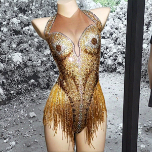 Costume di Lusso con Strass e Nappe Dorate per <span class=keywords><strong>Cantante</strong></span> e DJ Latina, Abbigliamento per Performance in Poliestere/Rayon - Product Image 2