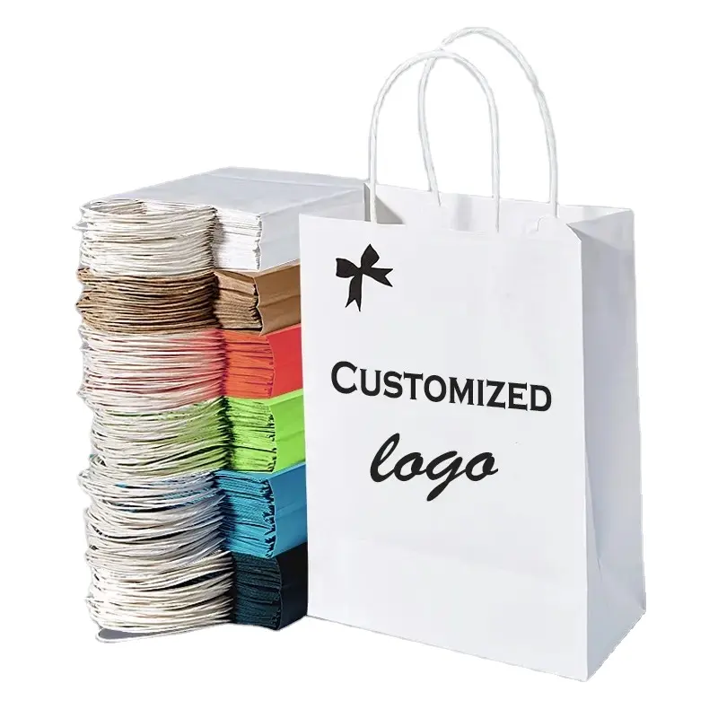 Hot Sales biodegradable Custom Logo Kraft Paper Shopping   Gift Bag Recycled Materials for Food Take Away