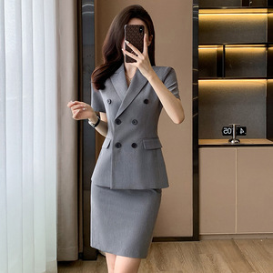 Women's Navy Blue Business Suit Set Short Sleeve Summer Lightweight Office Lady Formal Work Uniform Breathable Polyester Fabric - Product Image 2