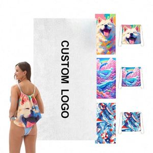 Sac à dos pliable promotionnel avec cordon de serrage, serviette de plage tout-en-un pour le rangement, motif et logo personnalisables - Product Image 1