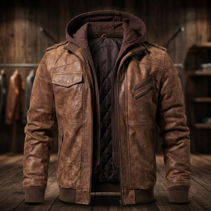Chaqueta de Cuero de Oveja con Capucha Estilo Vintage para Hombre, Cortavientos con Cremallera y Epaulettes, Abrigo Grueso de Invierno, Venta al por Mayor, Diseño de LOGO Personalizado 2026 - Product Image 2