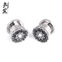 Tunnels en acier inoxydable 316L à double bordure évasée avec motif de fleur de lotus antique centralisé en opale, bijoux de mariage et de fiançailles