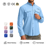 Chemise de pêche OEM bleu clair UPF 50, col rabattable, manches longues, poches à rabat sur la poitrine, poignets ajustables, vêtements d'extérieur