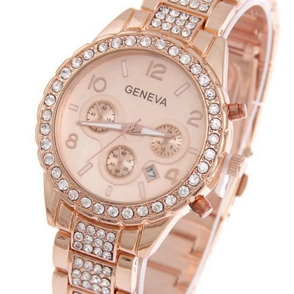 Fashion Gold Geneva Women Watch Diamond Three-Eye Calendar Quartz Watch with stainless Steel Band