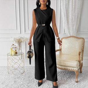 Conjunto de 2 Piezas para Mujer, Nuevo Modelo 2026, Top sin Mangas con Cinturón y Pantalones Anchos, Elegante, Sólido, Informal, para Oficina - Product Image 1