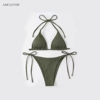 AMCLEVER 2026 Nouvel ensemble de bikini uni avec cordon de serrage - Maillot de bain deux pièces triangle à nouer sur les côtés pour femme, tenue de plage sexy, logo personnalisé OME