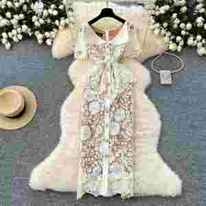 Vestido Midi Casual Romántico de Verano para Mujer, Manga Corta, Estilo Imperio, con Diamantes y Encaje Calado - Product Image 1