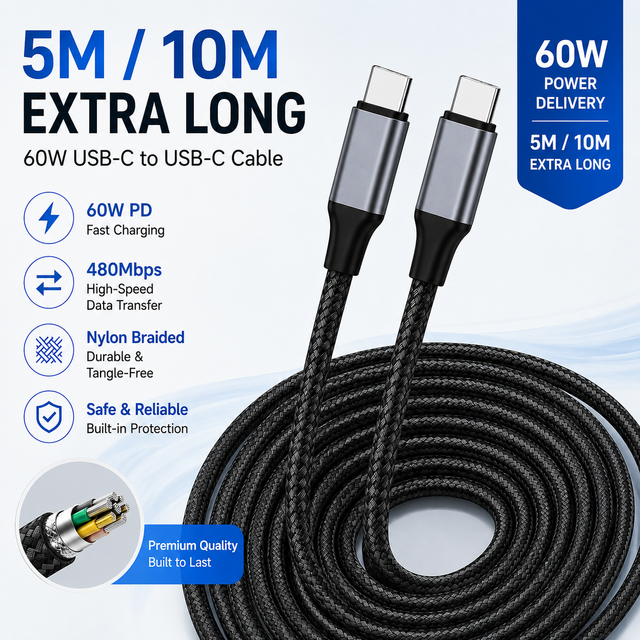 60W PD USB C to USB C Cable 5m 10m Extra Long Braided Type C Fast Charging Cord Grey Alloy Shell Data Sync Lead for Office Home
