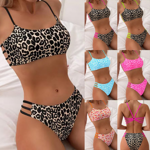Conjunto de Bikini Triangular con Estampado de Leopardo de Cintura Alta, Traje de Baño Sexy de Dos Piezas para Mujer, Ropa de Playa con Logotipo Personalizado, Poliéster/Nailon con Cuentas - Product Image 2