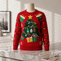 Pull en tricot rouge personnalisé Kuest pour Noël, col rond, manches longues, motif arbre de Noël, pull décontracté pour les fêtes, pour femmes