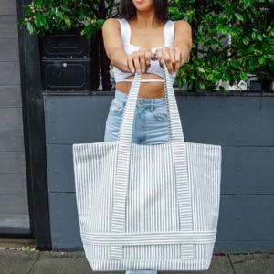 21-Inch Personalized Casual Shoulder <b>Bags</b> Blue Stripe Cotton Tote <b>Bags</b> Hat Carrying Travel Handbag <b>Foldable</b> <b>Beach</b> <b>Bag</b> For Summer - Product Image 2