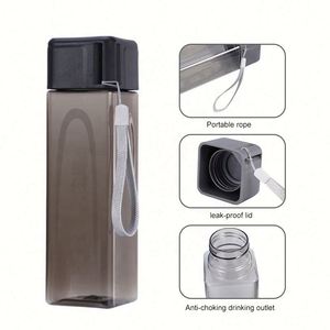 Bouteilles d'eau de voyage en plastique sans BPA de 500 ml, forme carrée, pour jus et boissons, avec sangle de transport portable pour le camping - Product Image 3