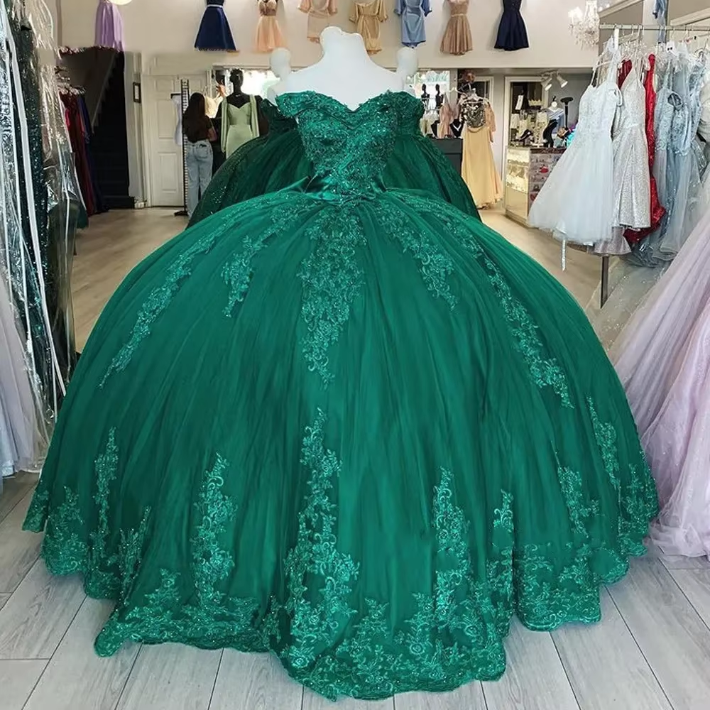 Emerald Green Ball Gown Quinceanera Dress - Off Shoulder Appliqued Beads, Floor-Length Sweet 16 Party Gown for Teens MQ424 Emerald Green Ball Gown Quinceanera Dress - Off Shoulder Appliqued Beads, Floor-Length Sweet 16 Party Gown for Teens MQ424